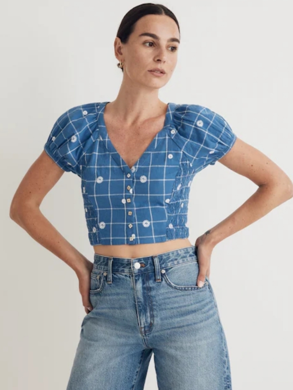Madewell Embroidered Puff Sleeve Crop Top In Windowpane Blue Size 00